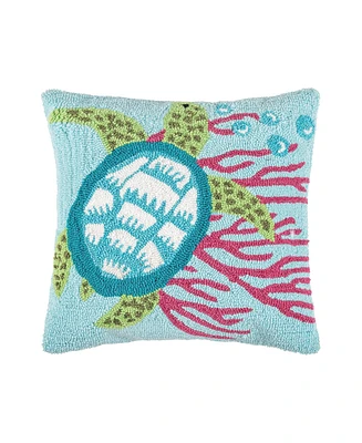 18" x 18" Coral & Turtle Hooked Throw Pillow