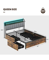 Bed Frame with Led Lights Upholstered Headboard 4 Storage Drawers