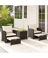 5 Pieces Patio Rattan Furniture with 2 Ottomans and Tempered Glass Coffee Table