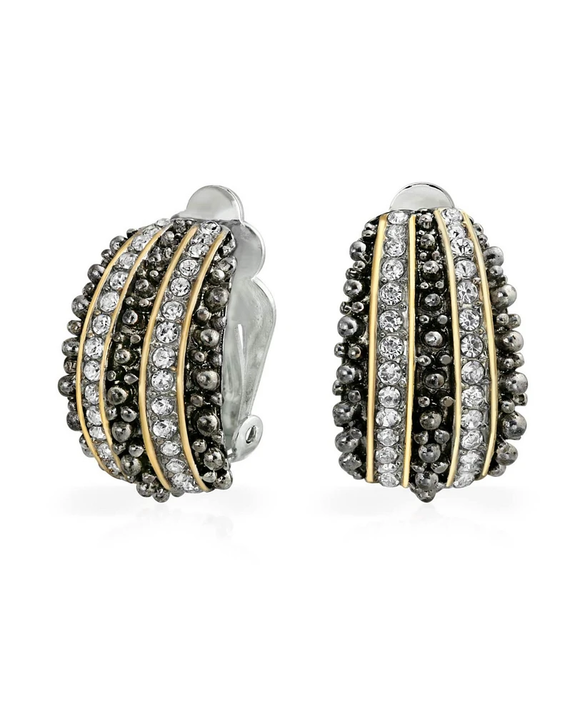 Bling Jewelry Bali Style Caviar Beading Crystal Half Hoop Clip-On Earrings 14K Gold Plated Brass