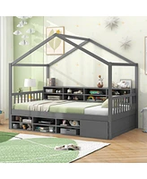 House Bed with Roof with 14 Storage Cubes and Enclosed Cabinet