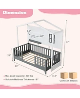 Wood House Bed Montessori Floor Bed with 2 Shelves and Guardrails