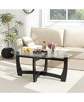 Oval Coffee Table with Tempered Glass Tabletop and Rubber Wood Legs