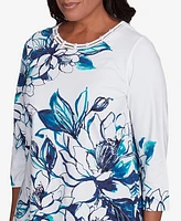 Alfred Dunner Women's Nantucket Fineline Floral Three Quarter Sleeve Top