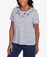 Alfred Dunner Women's Nantucket Beaded Floral Striped Top