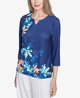 Alfred Dunner Women's Nantucket Asymmetric Floral Beaded Split Neck Top