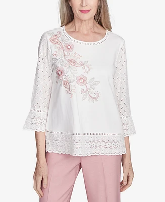 Alfred Dunner Women's Estate of Mind Embroidered Floral Eyelet Trim Top