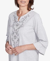 Alfred Dunner Women's Estate of Mind Embroidered Scroll Bell Sleeve Top