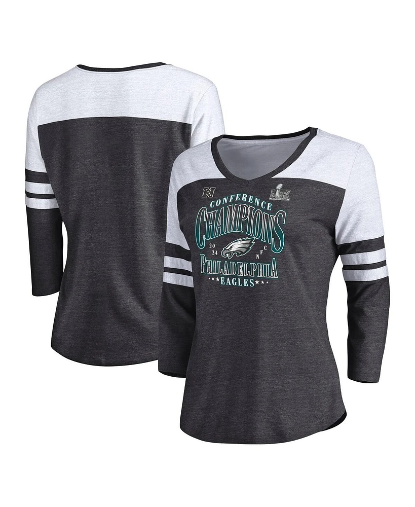 Fanatics Women's Heather Charcoal Philadelphia Eagles 2024 Nfc Champions Tri-Blend 3/4 Sleeve V-Neck T-Shirt