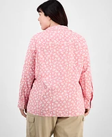 Tommy Hilfiger Plus Daisy Gingham Cotton Roll-Tab Shirt, Exclusively at Macy's