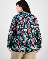 Tommy Hilfiger Plus Floral-Print Cotton Roll-Tab Shirt, Exclusively at Macy's