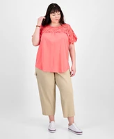 Tommy Hilfiger Plus Lace Yoke Short-Sleeve Top