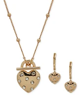 Anne Klein Gold-Tone Crystal Heart Pendant Necklace & Earrings Set