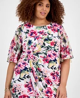 Connected Plus Printed Boat-Neck Flutter-Sleeve Dress