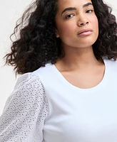 On 34th Trendy Plus Eyelet-Sleeve Rib-Knit Top, Exclusively at Macy's