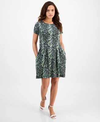 Connected Petite Printed Round-Neck Fit & Flare Dress