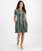 Connected Petite Printed Round-Neck Fit & Flare Dress