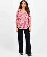 Ak Anne Klein Petite Printed V-Neck Roll-Tab-Sleeve Top