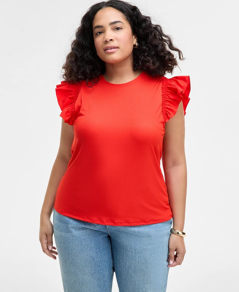 On 34th Trendy Plus Crewneck Flutter-Sleeve Top, Created for Macy's