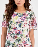 Connected Petite Printed Asymmetric Flutter-Sleeve Dress