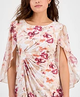 Connected Petite Floral-Print Ruched Cape-Sleeve Dress