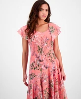 Robbie Bee Petite Floral Flutter-Sleeve Midi Dress