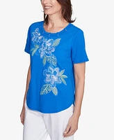 Alfred Dunner Petite Parrot Cay Tropical Floral Embroidered Top