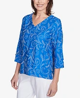 Alfred Dunner Petite Parrot Cay Scroll Embroidered Cuff Sleeve Top