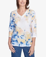 Alfred Dunner Petite Flower Power Floral Textured V Neck Top