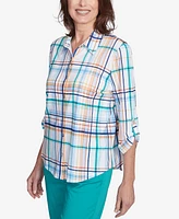 Alfred Dunner Petite Nantucket Plaid Knit Button Front Top