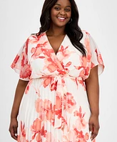 Sandra Darren Plus Printed-Chiffon Flutter-Sleeve Dress