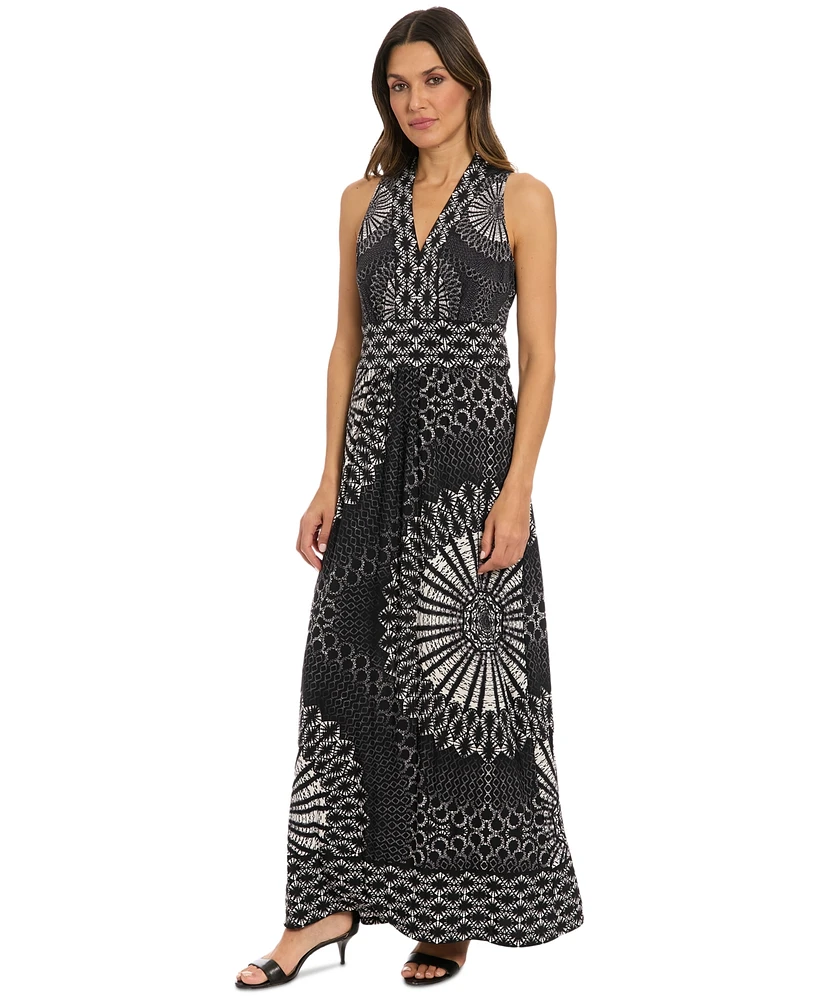 London Times Women's Printed V-Neck Sleeveless Maxi Dress