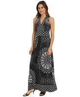 London Times Women's Printed V-Neck Sleeveless Maxi Dress