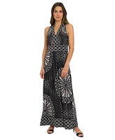 London Times Women's Printed V-Neck Sleeveless Maxi Dress