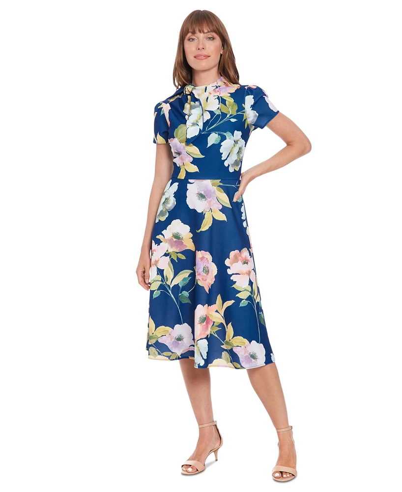 London Times Women's Tie-Neck Short-Sleeve A-Line Dress