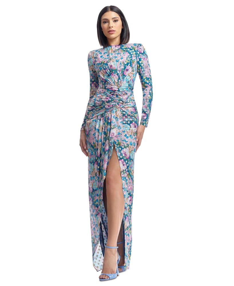 Dress the Population Women's Romera Printed Foil Dot Long-Sleeve Gown