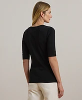 Lauren Ralph Petite Stretch Cotton Elbow-Sleeve V-Neck Tee