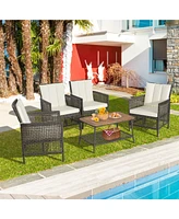 5 Pieces Patio Rattan Furniture Set Cushioned Sofa Armrest Wooden Tabletop