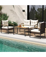4 Pieces Patio Conversation Set with Acacia Wood Armrests and Tabletop and Cushions