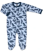 The Peanutshell Baby Sleep N Play Footed Pajamas for Boys or Girls, Dinosaur, Blue, 3 Pack, Newborn to 9 Months