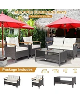 4 Pieces Patio Rattan Furniture Set with Cushioned Sofa and Storage Table