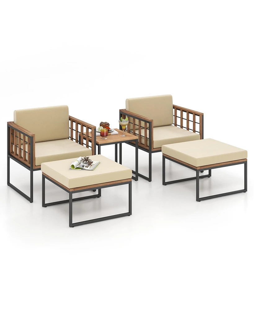 5 Piece Outdoor Furniture Set Acacia Wood Chair Set with Ottomans and Coffee Table