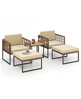 5 Piece Outdoor Furniture Set Acacia Wood Chair Set with Ottomans and Coffee Table