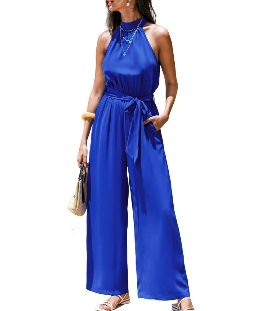 Women's Halter-Neck Tie-Waist Wide-Leg Jumpsuit