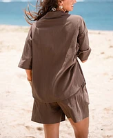 Women's Brown Short Sleeve Shirt & Straight Leg Bottoms Set