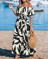 Women's Black & White Tropical Off-Shoulder Maxi Beach Dress