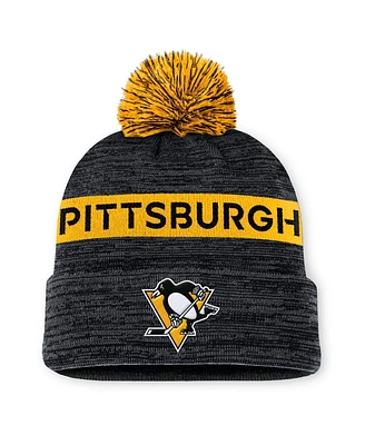 Fanatics Men's Black/Gold Pittsburgh Penguins Authentic Pro Rink Cuffed Knit Hat with Pom