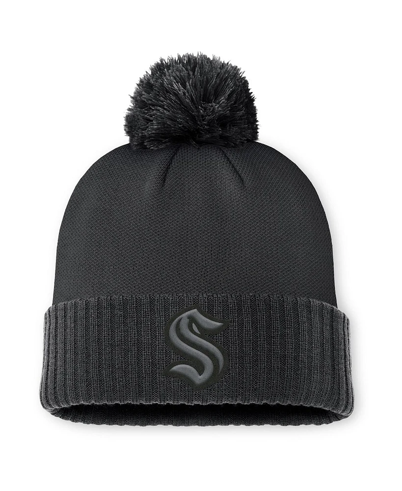 Fanatics Men's Black Seattle Kraken Authentic Pro Road Cuffed Knit Hat with Pom