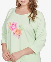 Hearts Of Palm Plus Hibiscus Print 3/4 Sleeve Top