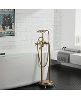 Gold Freestanding Faucet Bathtub Floor Mount Tub Filler with Handheld Shower Spray Lever Telephone Shape High Flow Bathroom Mixing Tap